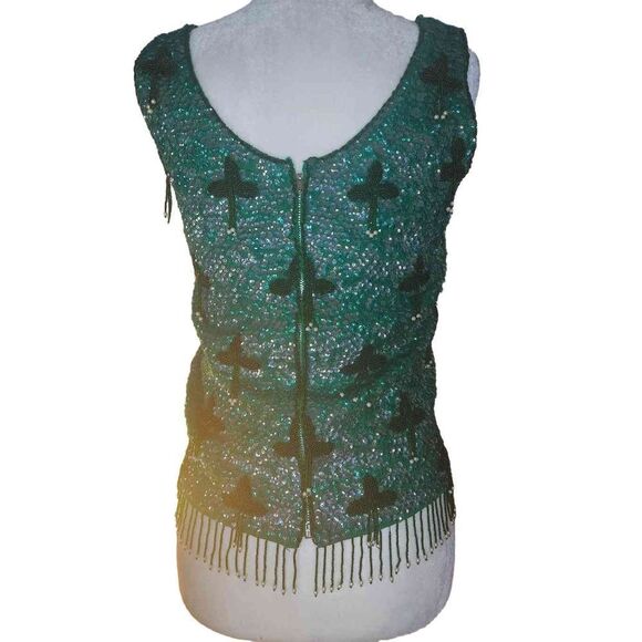 60s Vintage Beaded Sequinย Top TankโGreen Holiday Sleeveless HOLIDAY SparklyโS - Picture 2 of 5